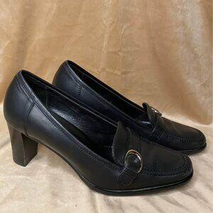 Coach Keely Black Leather Heeled Buckle Loafers